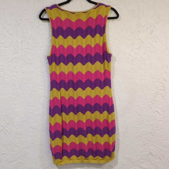 Electric & Rose Multicolor Crochet Zigzag Mini Dress Women's Size Large Vibrant - Picture 3 of 12